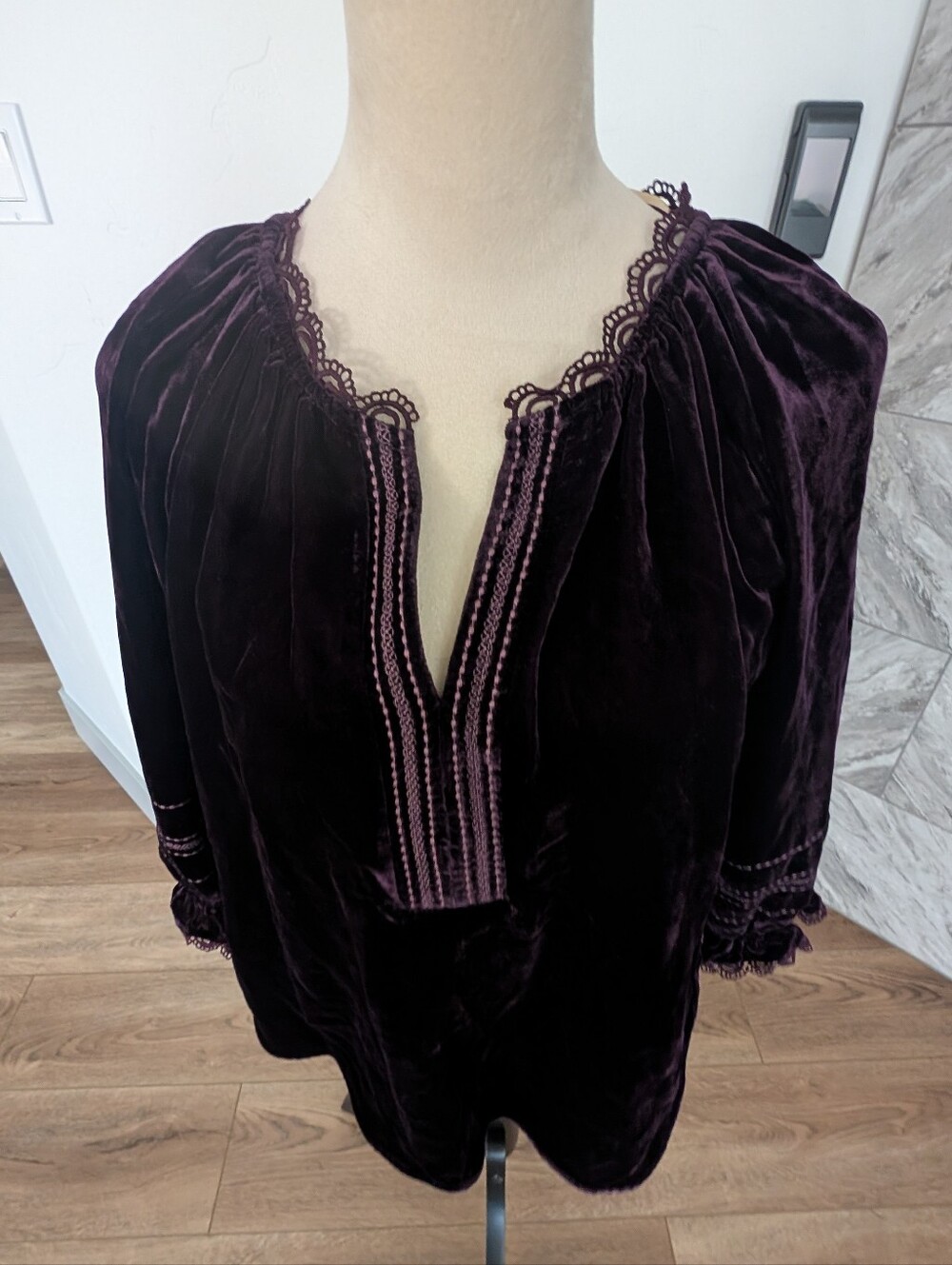 Women's Velvet Peasant Top in Deep Plum